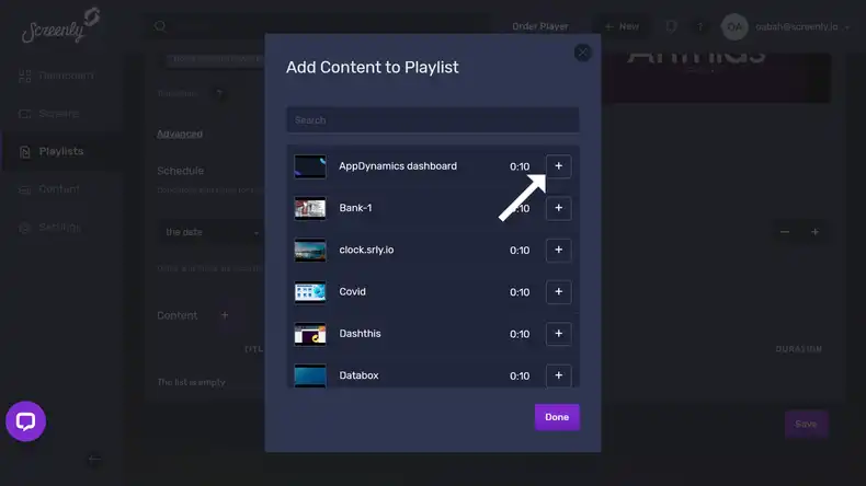 The popup modal to add the Appdynamics dashboard content to a playlist
