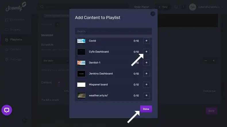 The popup modal to add the Cyfe dashboard content to a playlist