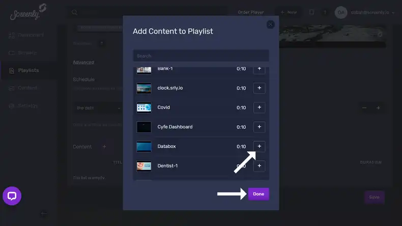 The popup modal to add the Databox databoard content to a playlist