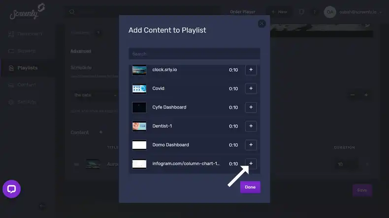 The popup modal to add the Infogram dashboard content to a playlist