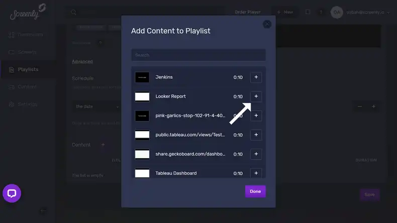 The popup modal to add the Looker dashboard content to a playlist