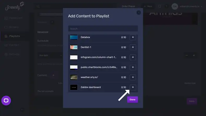 The popup modal to add the Zabbix dashboard content to a playlist