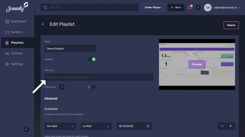 The Edit Playlist page showing input field for screens that will display the playlist.