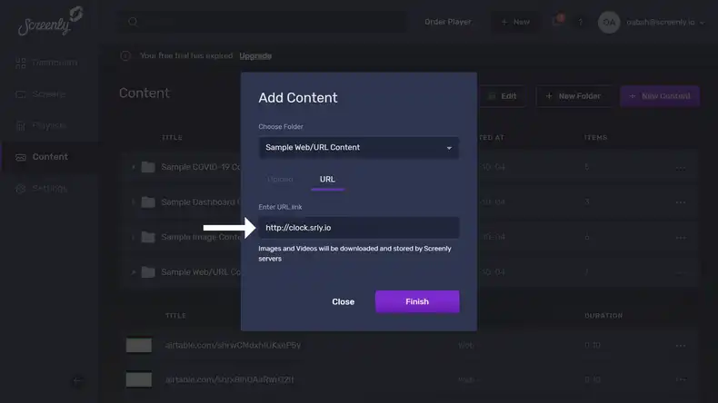 The popup modal to add the Clock App URL as a new content item.