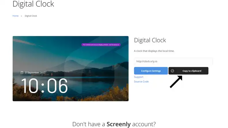 The Screenly Clock App web page showing the URL for the Clock App.