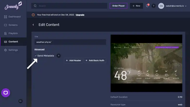 Screenly Clock content tab for configuring content showing the checkbox for the Send Metadata option