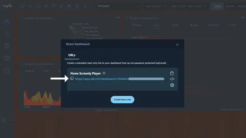 Pop-up modal in cyfe showing dashboard share URL
