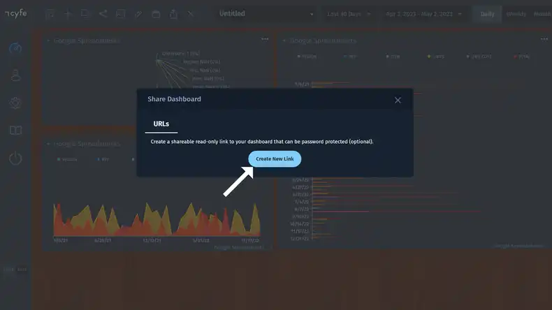 Pop-up modal in cyfe containing create new link button