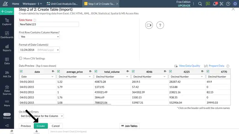 An image showing a Zoho analytics page with form for csv file upload options and create button at the bottom