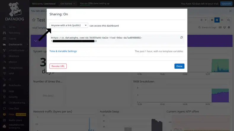 The Datadog dashboard URL configuration popup modal.