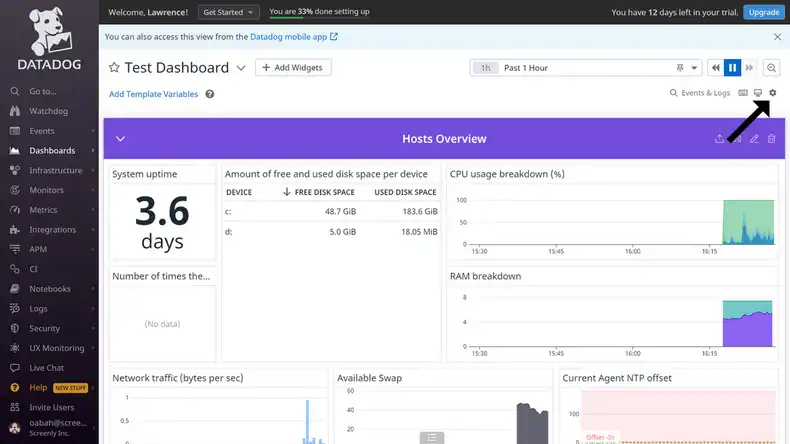 The Datadog website showing a dashboard with gear icon at the top right corner.