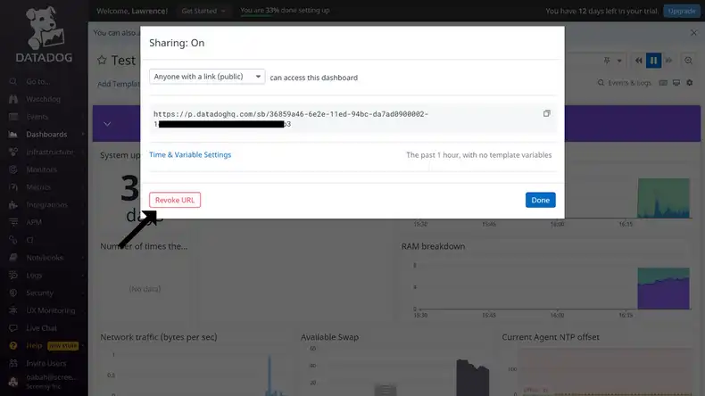 The Datadog dashboard URL settings popup modal.