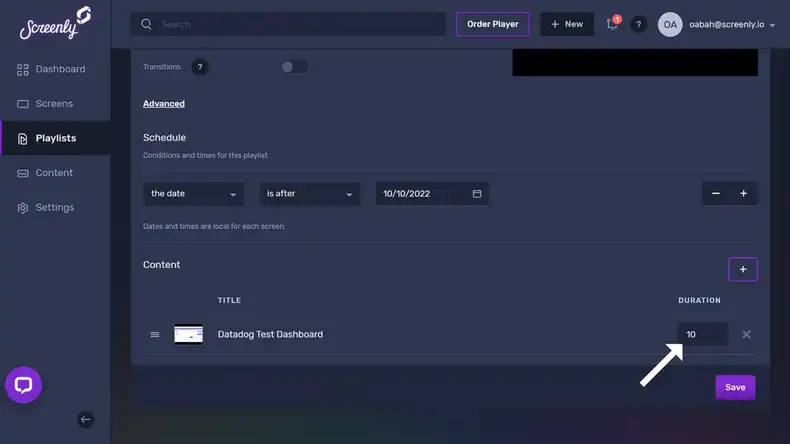 The popup modal to set the duration for the Datadog Dashboard content in the playlist.
