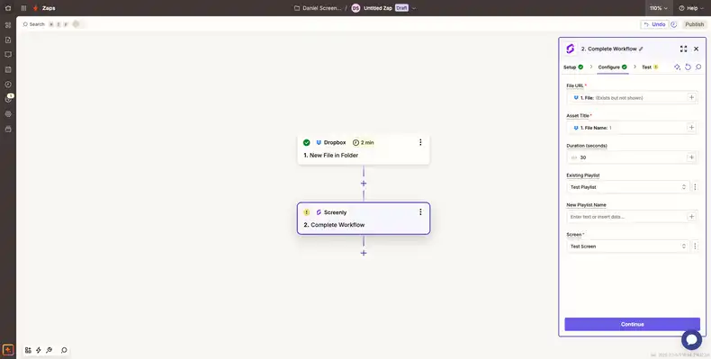 The Dropbox app configure stage in Zapier.