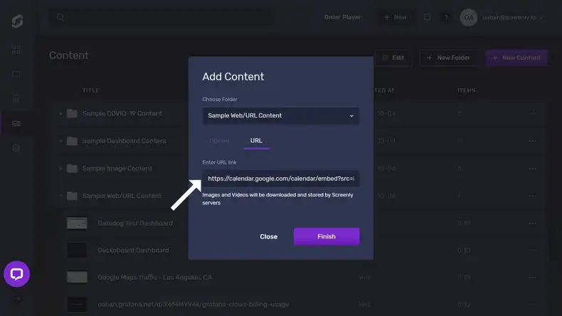 The popup modal to add the Google Calendar URL as a new content item.
