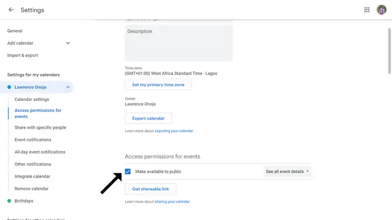 The Google Calendar settings showing checkbox to make calendar URL public