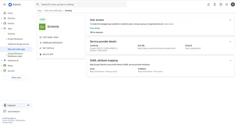 Google Workspace SAML setup step 10.