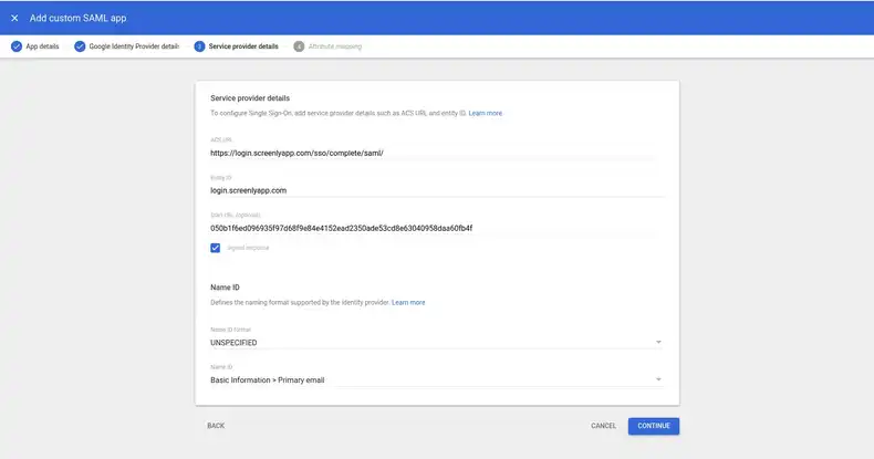 Google Workspace SAML setup step 7.