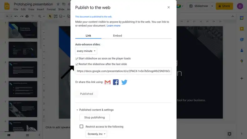 A popup modal showing the Google Slides publishing settings