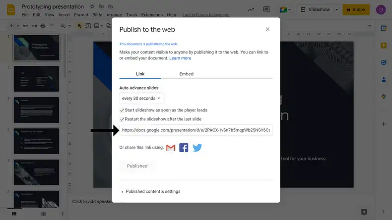 A popup modal showing the Google Slides publish to web URL