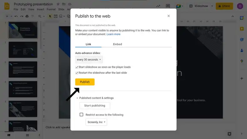 A popup modal showing the Google Slides publishing settings and publish button