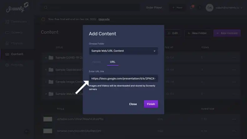 The popup modal to add the Google Slides URL as a new content item.