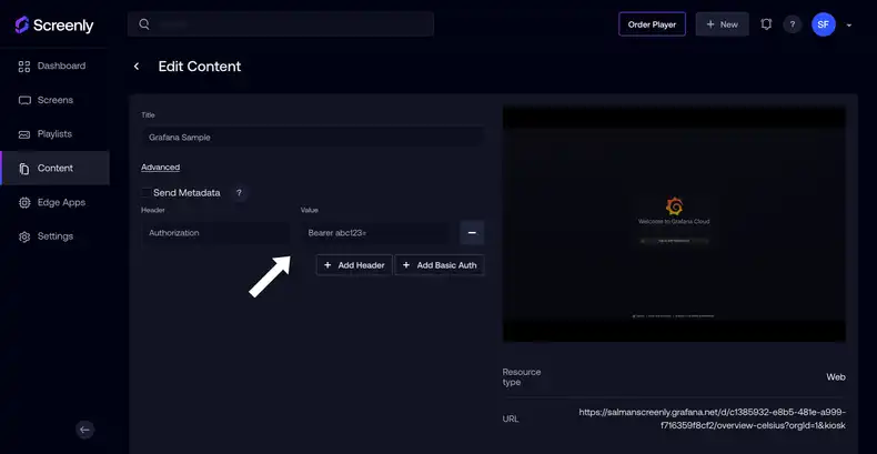 The content configuration page showing input fields for authorization headers