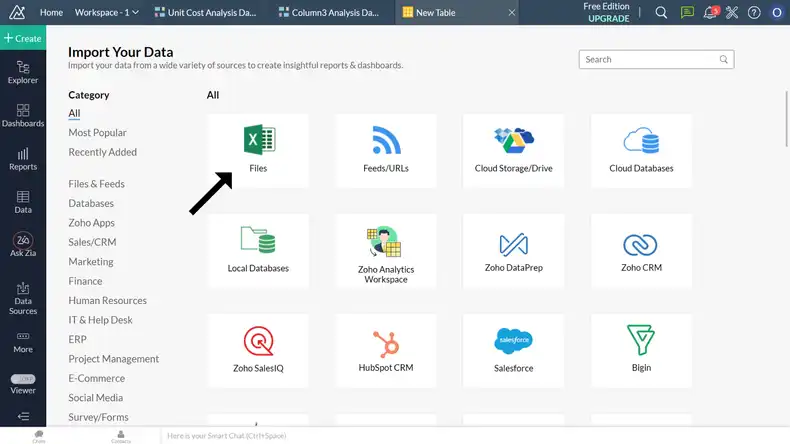 An image showing a Zoho analytics page with data sources for creating dashboards including the Files Upload option