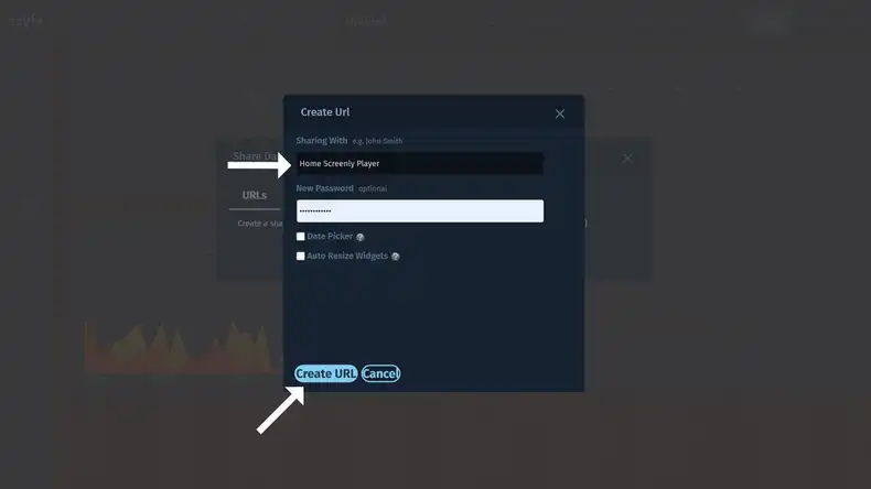 Pop-up modal in cyfe with input fields for dashboard share link details