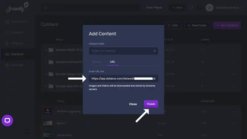 The popup modal to add the Databox databoard URL as a new content item.
