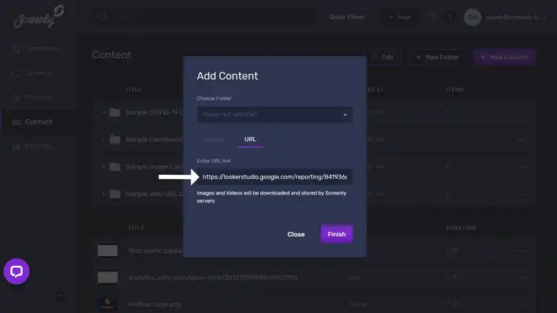 The popup modal to add the Looker dashboard URL as a new content item.