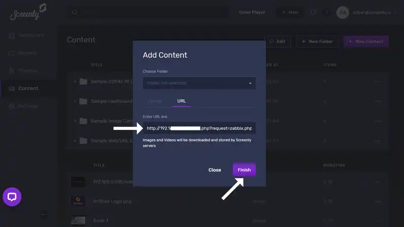 The popup modal to add the Zabbix dashboard URL as a new content item.