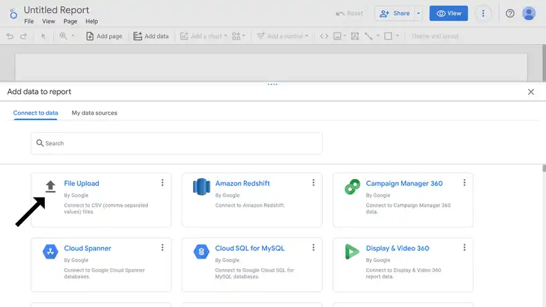 An image showing looker page with data sources for creating reports including the File Upload option
