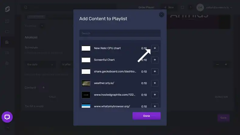 The popup modal to add the New Relic dashboard content to a playlist