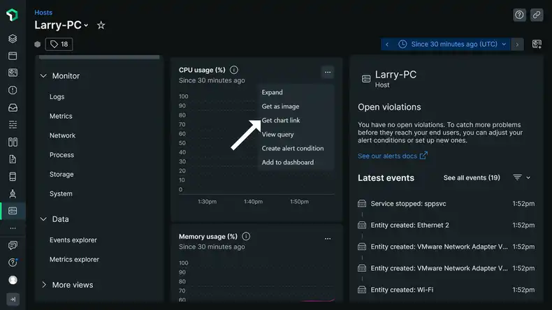 An image showing chart options for a selected New Relic chart