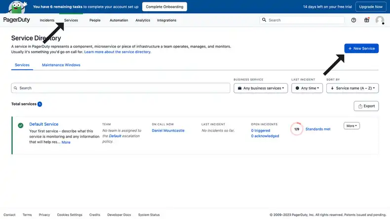 The PagerDuty Services setup page.