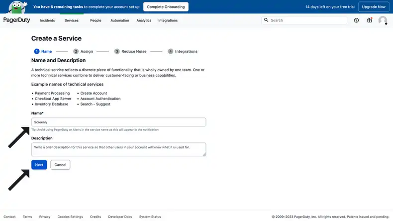 The PagerDuty Services name page.