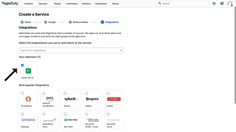 The PagerDuty Services Integrations page.