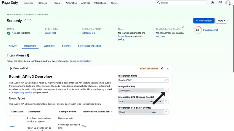 The PagerDuty Integrations page with the Integration Key featured.