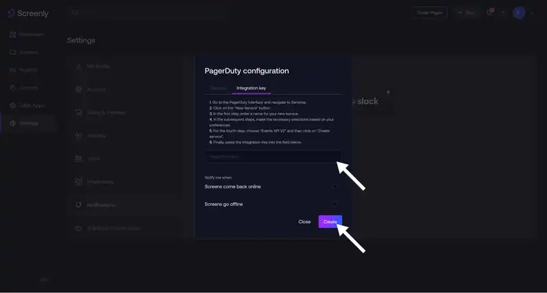 The Screenly interface with the PagerDuty integration setup menu