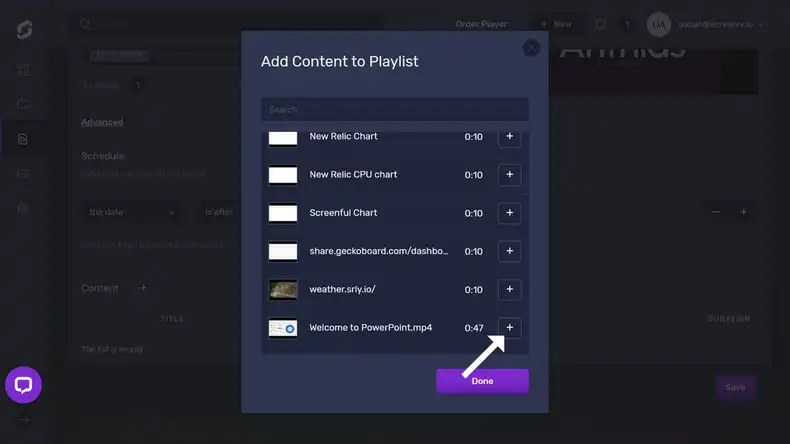 The popup modal to add the Powerpoint content to a playlist