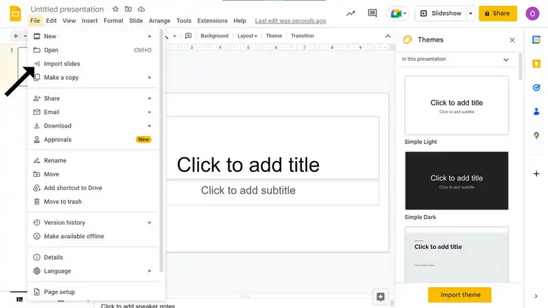 An image showing an empty Google slide with the File dropdown menu