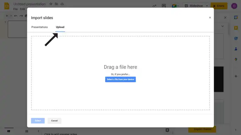 An Image showing a pop-up modal to import files from local computer into Google slides