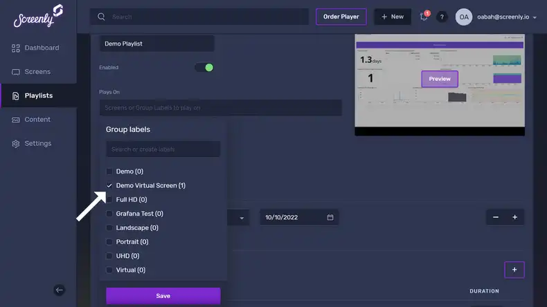 The Edit Playlist page showing a dropdown list of your screens and group labels.