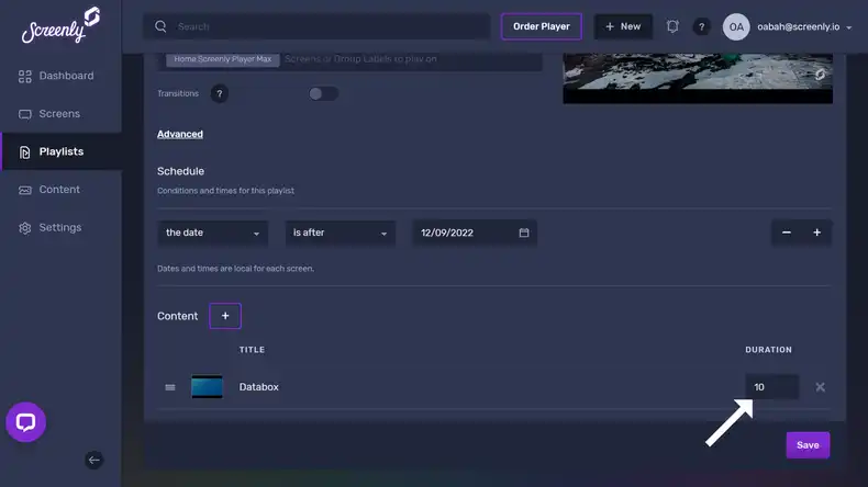 The popup modal to set the duration for the Databox databoard content in the playlist