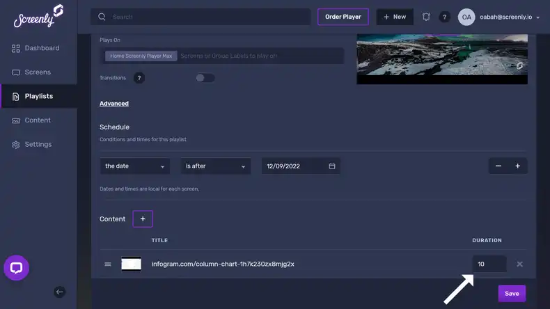 The popup modal to set the duration for the Infogram dashboard content in the playlist