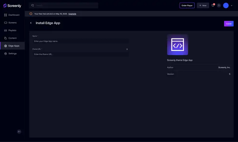 Add an Edge App in the Screenly interface.