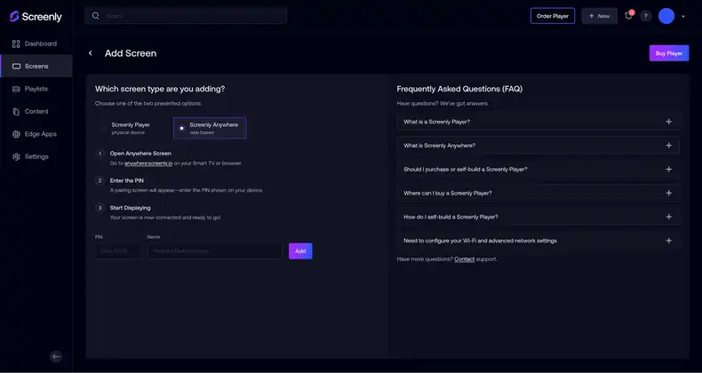 Adding a screen in the Screenly interface.
