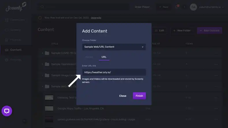 The popup modal to add the Weather App URL as a new content item.
