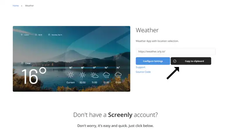 The Screenly Weather App configuration menu in the Screenly App Store.